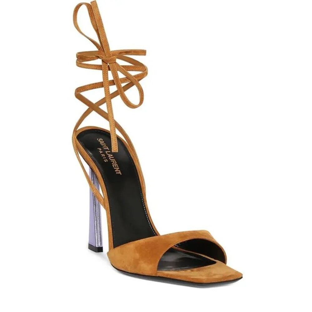 YSL Saint Laurent Sandal Womens Paz 105 Ankle Tie Leather High Heel Cumino Metal